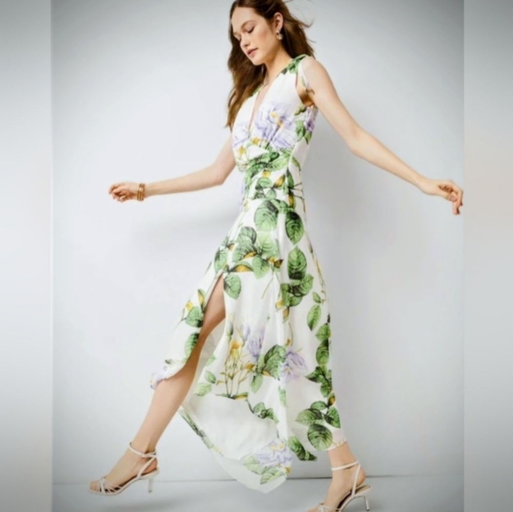 WHBM Elegant White Floral Flowy Rusched Asymmetric Sleeveless Midi Sz:12 - Picture 5 of 16